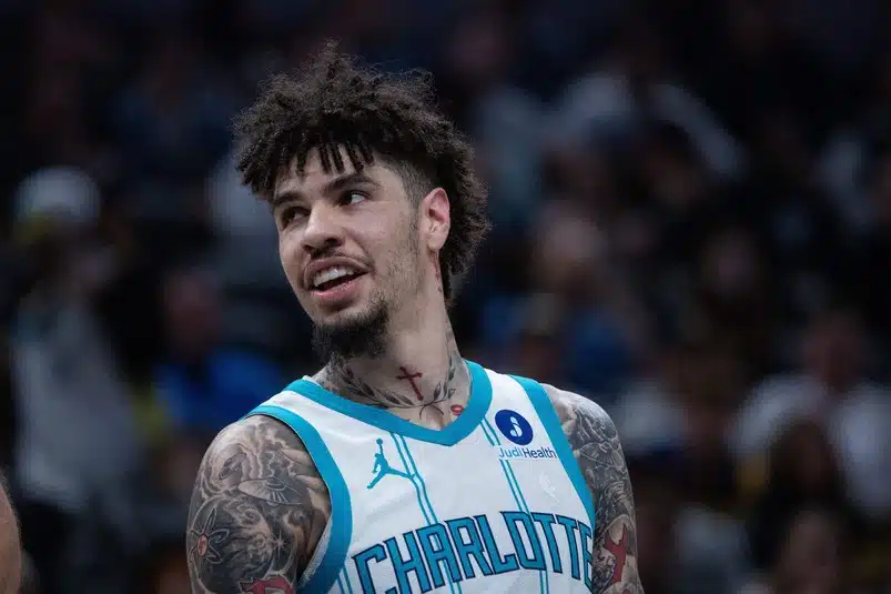 Charlotte Hornets guard LaMelo Ball looking across the court