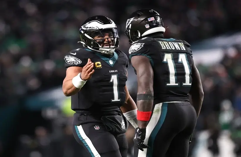Eagles stars Jalen Hurts and AJ Brown Celebrating a Touchdown vs Bears