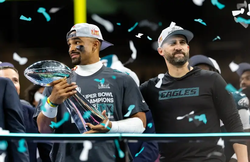 Eagles QB Jalen Hurts and Head Coach Nick Sirianni Celebrating Super Bowl LIX Victory