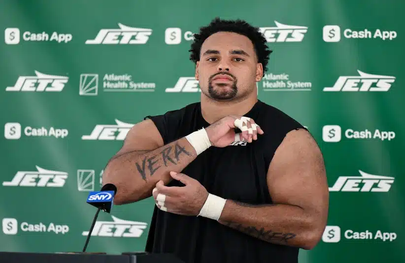 Alijah Vera-Tucker during Jets training camp last season.
