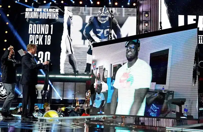 Alex Leatherwood (Alabama) with NFL commissioner Roger Goodell over video call after being selected by the Las Vegas Raiders as the number 17 overall pick in the first round of the 2021 NFL Draft at First Energy Stadium.